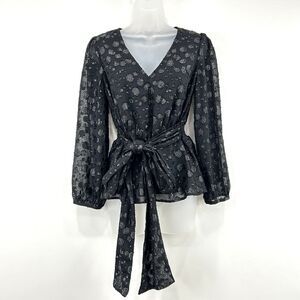 J Crew Top Womens XS Black Tie Waist V Neck Metallic‎ Dot Jacquard Whimsigoth